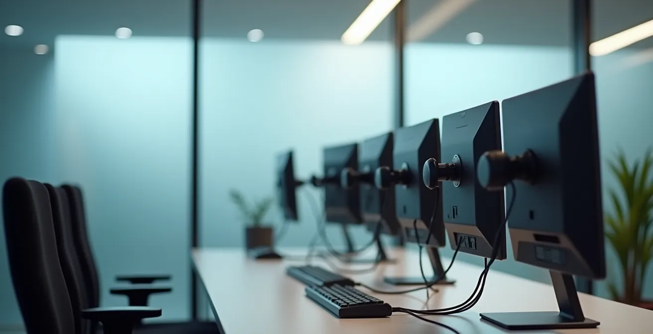 Vue arrière d'écrans informatiques avec données floues