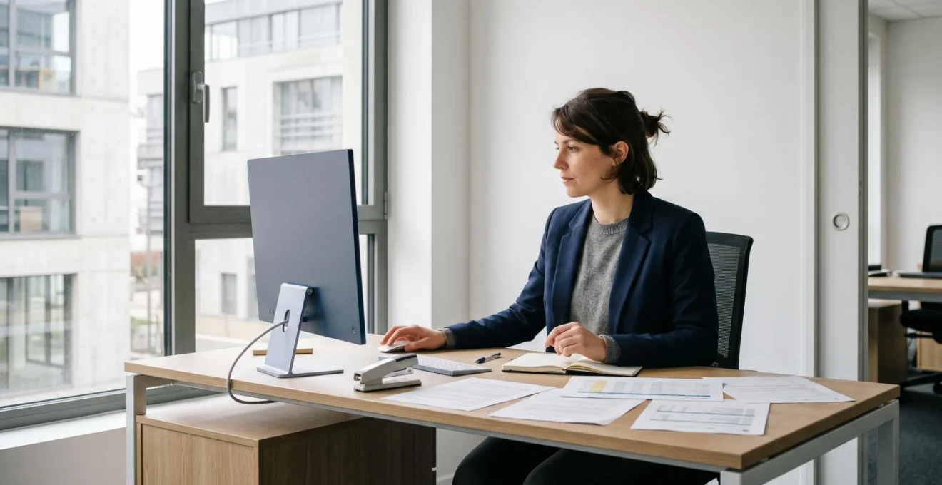 Conseiller énergétique professionnel analysant des tableaux comparatifs de tarifs d'énergie sur écran d'ordinateur dans un bureau contemporain lumineux