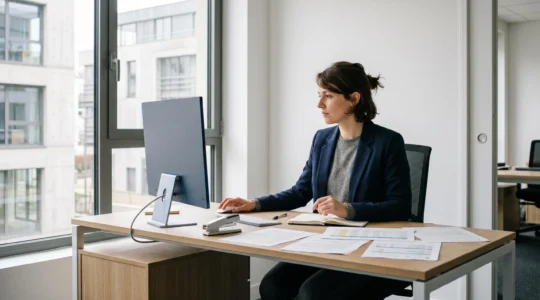 Conseiller énergétique professionnel analysant des tableaux comparatifs de tarifs d'énergie sur écran d'ordinateur dans un bureau contemporain lumineux