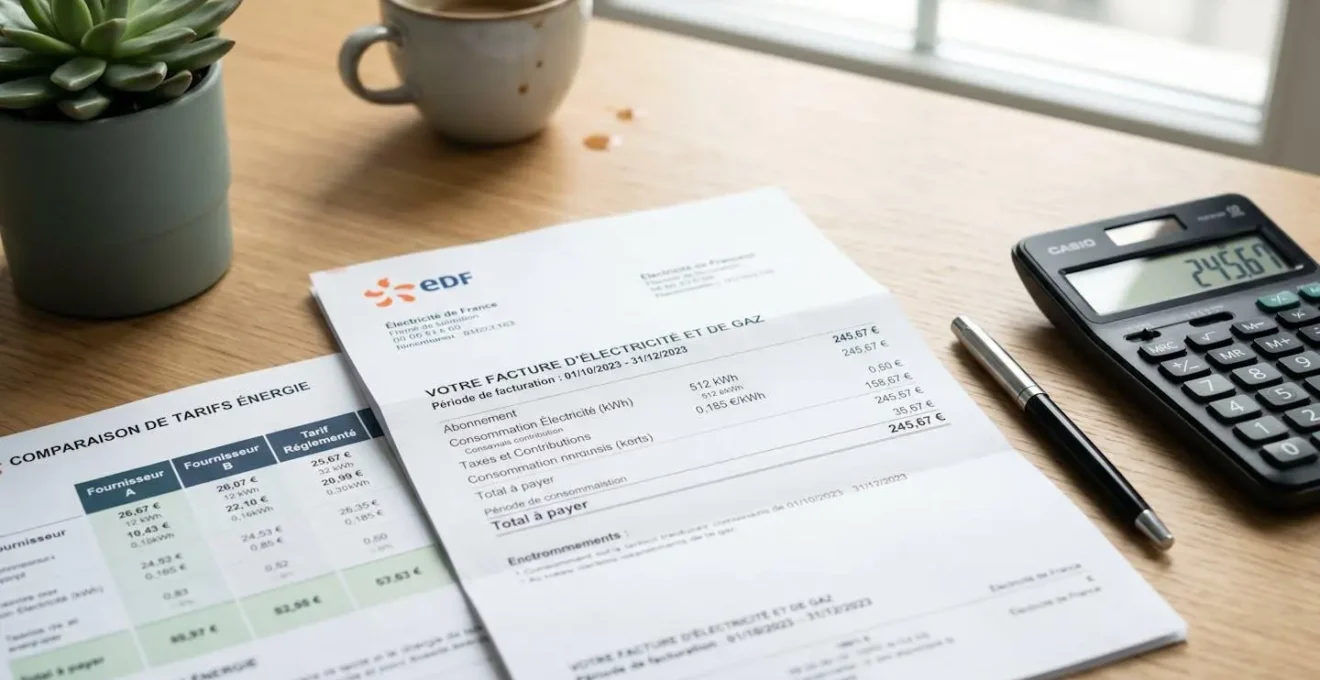 Facture d'énergie professionnelle avec calculatrice et documents de comparaison tarifaire sur bureau contemporain