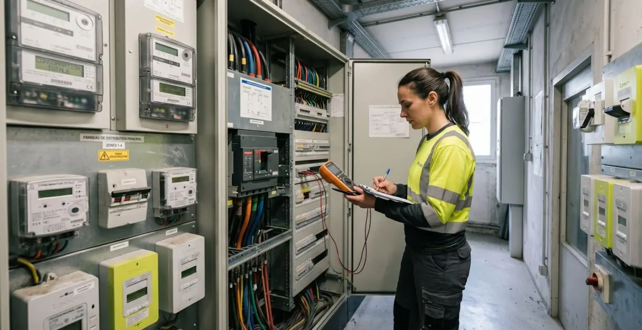 Technicien vérifiant des compteurs électriques professionnels et armoire de distribution dans une installation industrielle